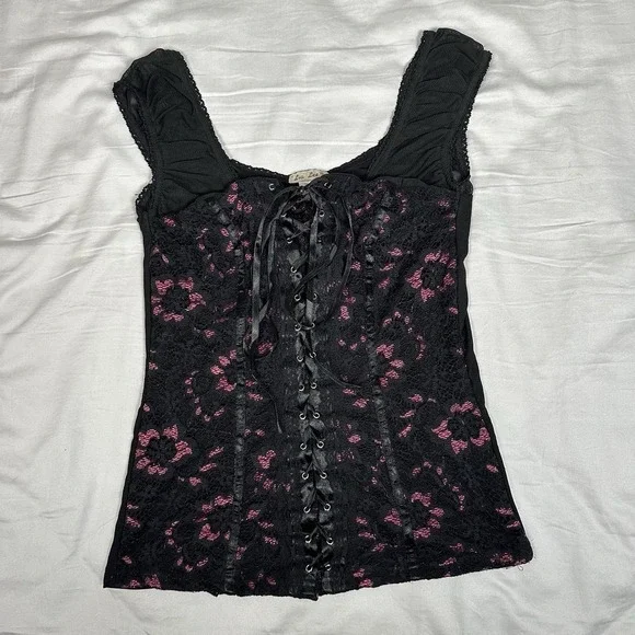 Vintage y2k Lia Lee black/pink lace up mesh corset top - Picture 2 of 5